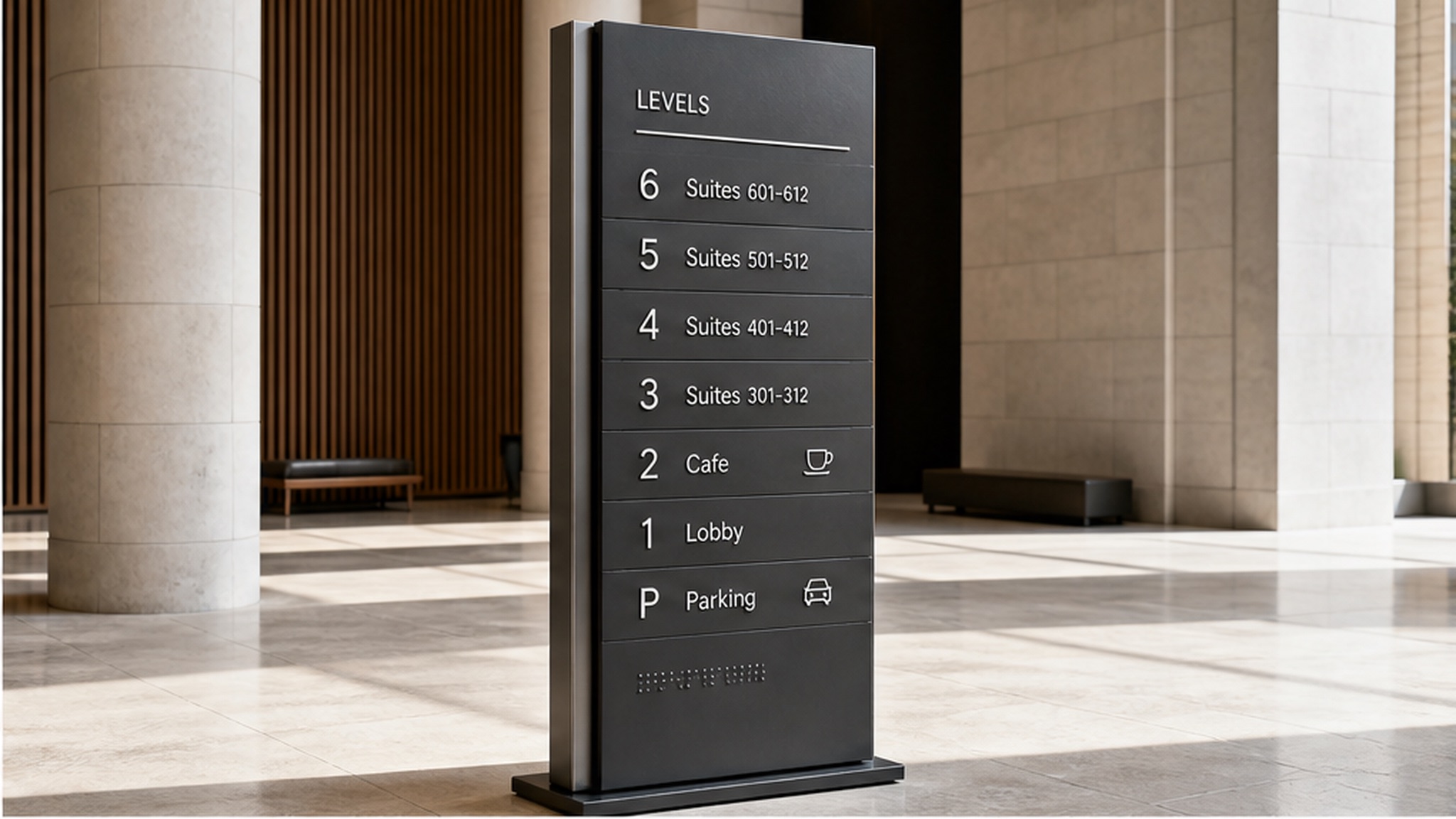 Tall black multi-level building directory tower listing floors from Parking to Suites 601-612 in an office lobby