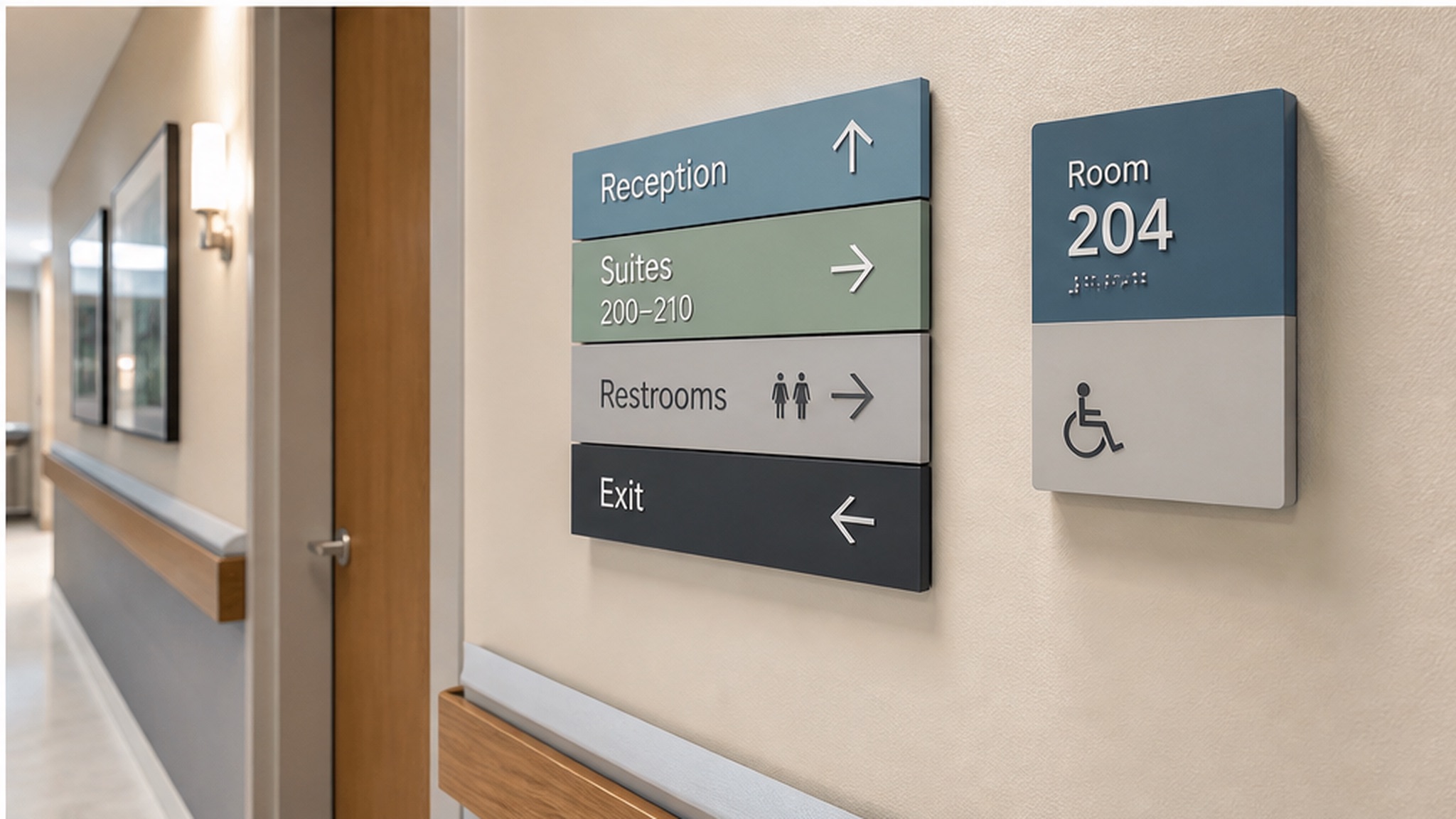 Healthcare corridor wayfinding directory for Reception, Suites, Restrooms and Exit beside an ADA Room 204 plaque with braille