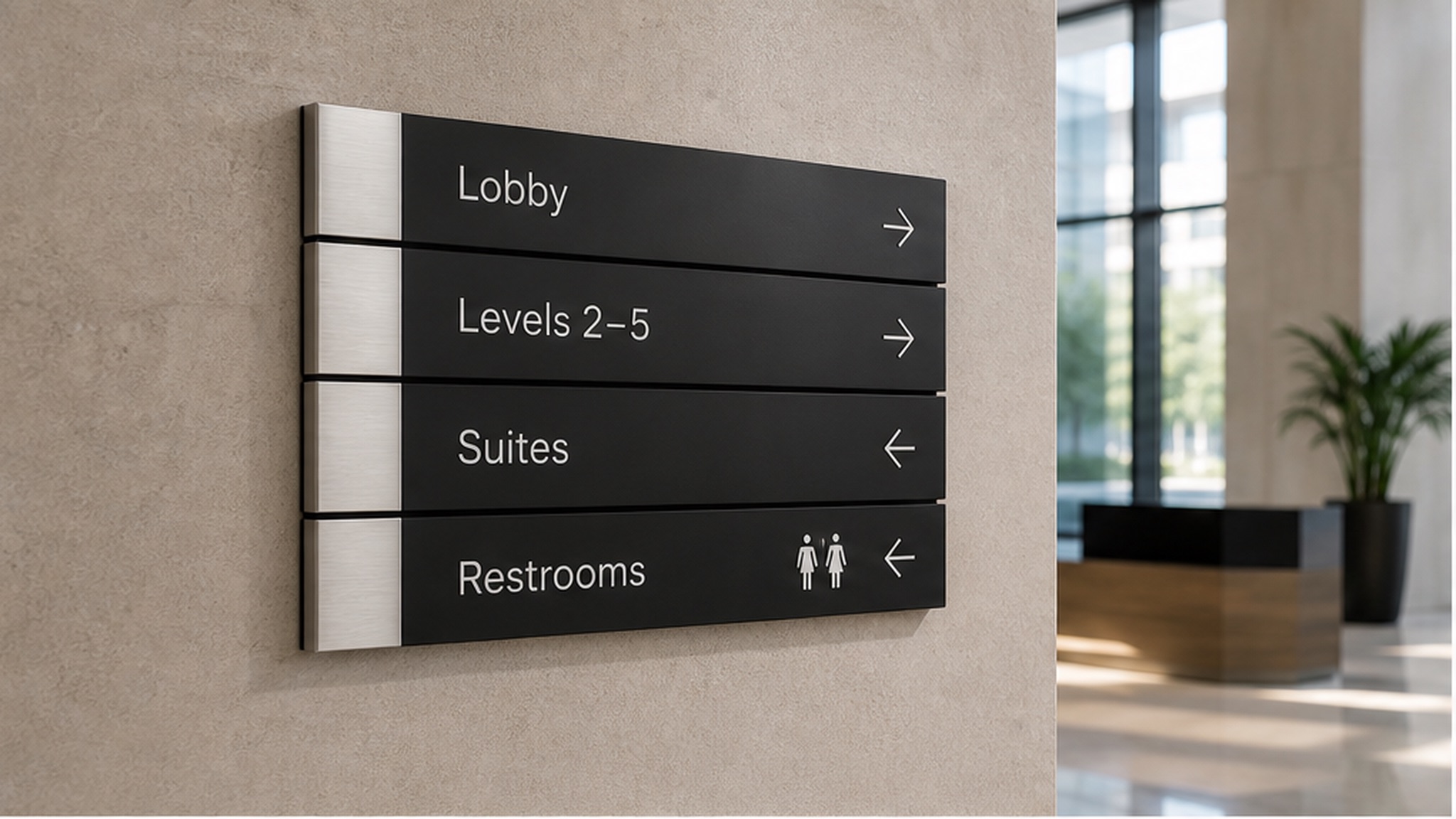 Wall-mounted angled directory bars with brushed-metal ends reading Lobby, Levels, Suites and Restrooms in a corporate lobby
