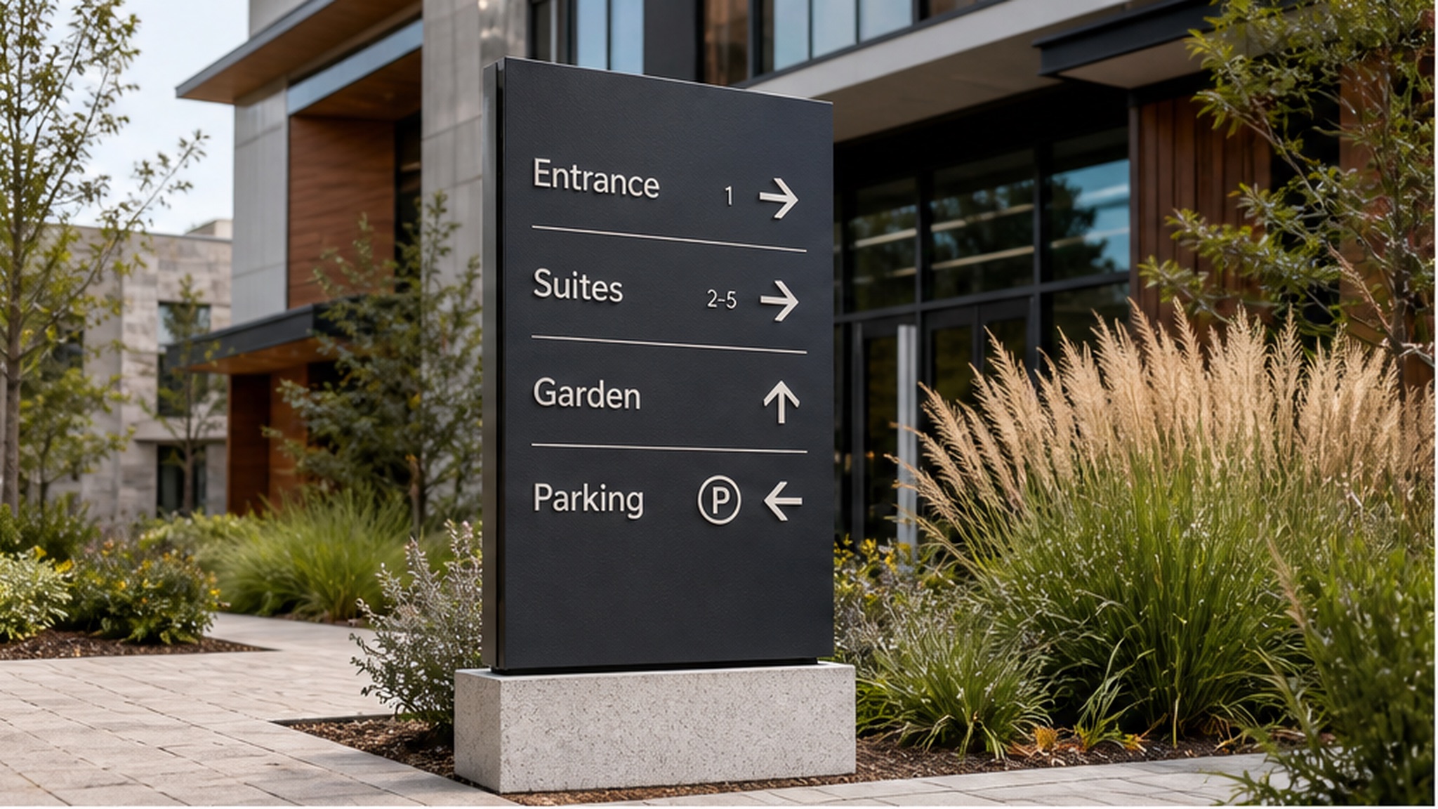 Black exterior monument sign showing Entrance, Suites, Garden and Parking outside a modern building