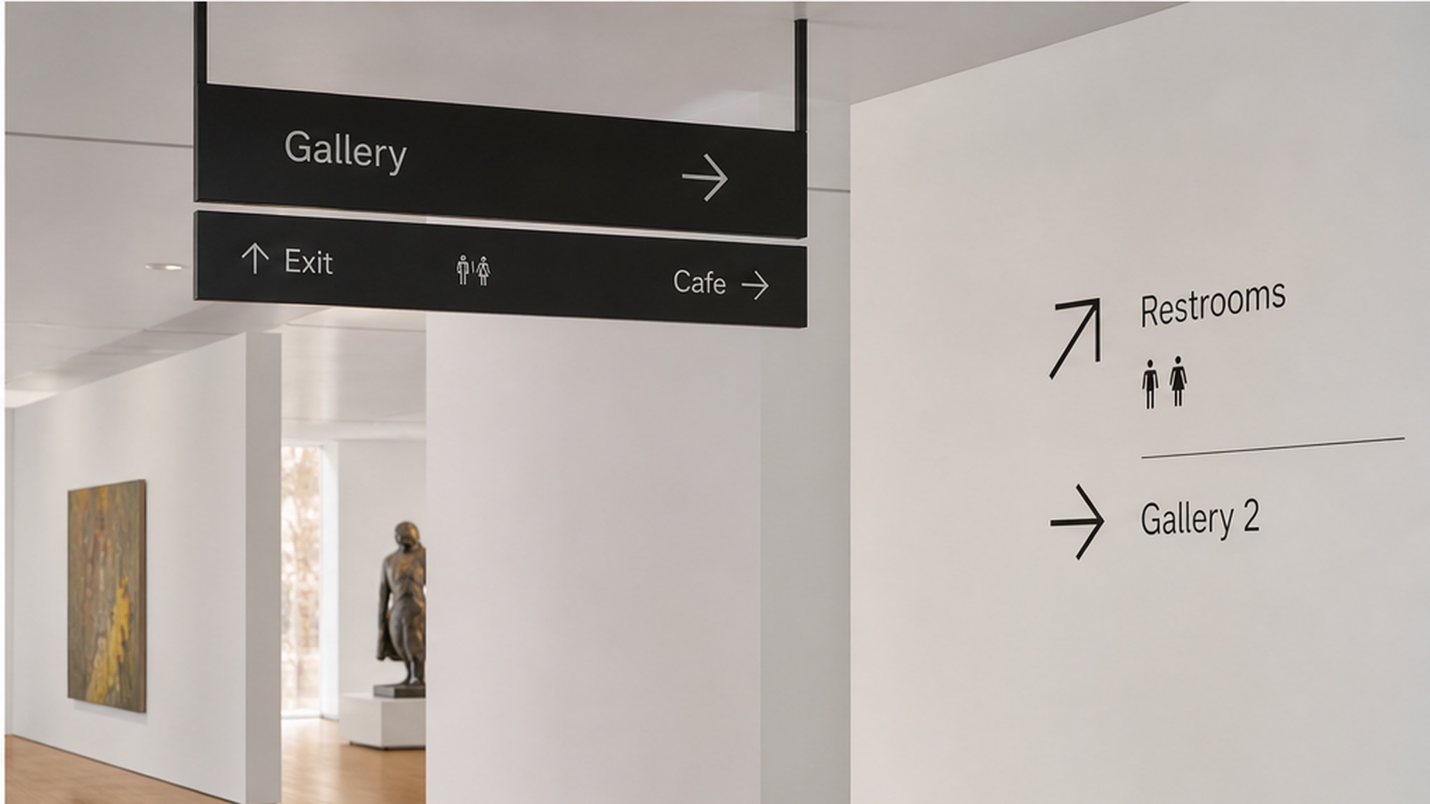 Suspended black blade signs and wall wayfinding for Gallery, Restrooms and Cafe in an art museum