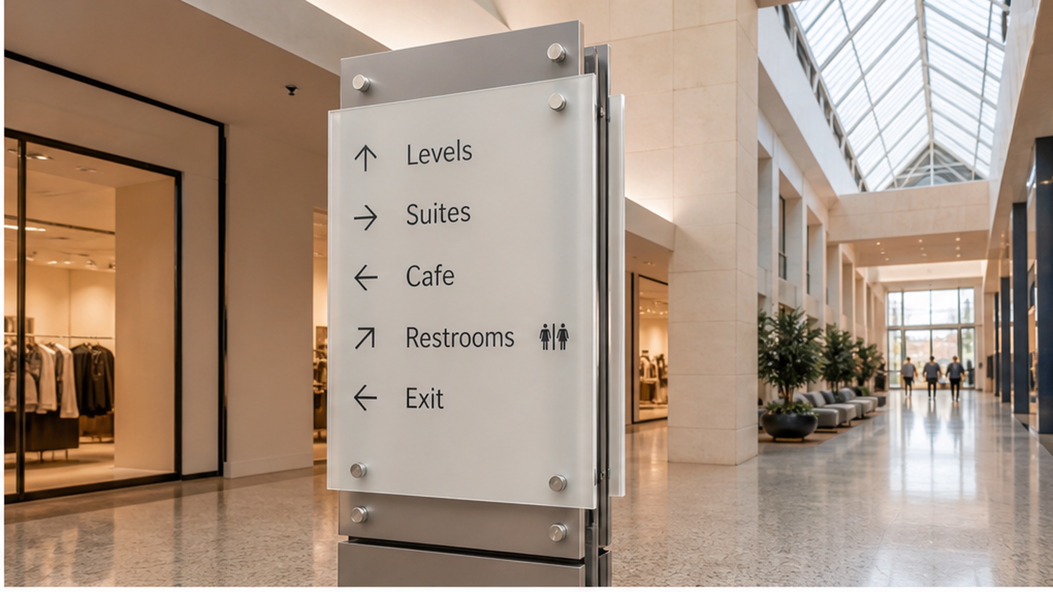 Freestanding frosted-glass mall directory listing Levels, Suites, Cafe, Restrooms and Exit in a shopping center